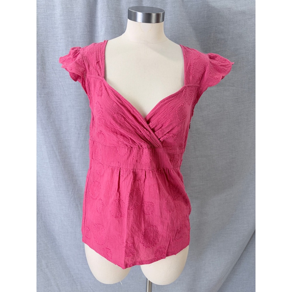 Odille Anthropologie Pink Embroidered Surplice Flutter Sleeve Cotton Top 10
